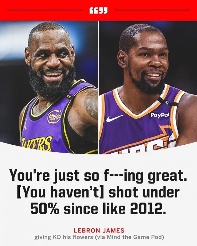 詹姆斯：杜兰特你太TMD强了 自2012年后你的命中率就没低过50%